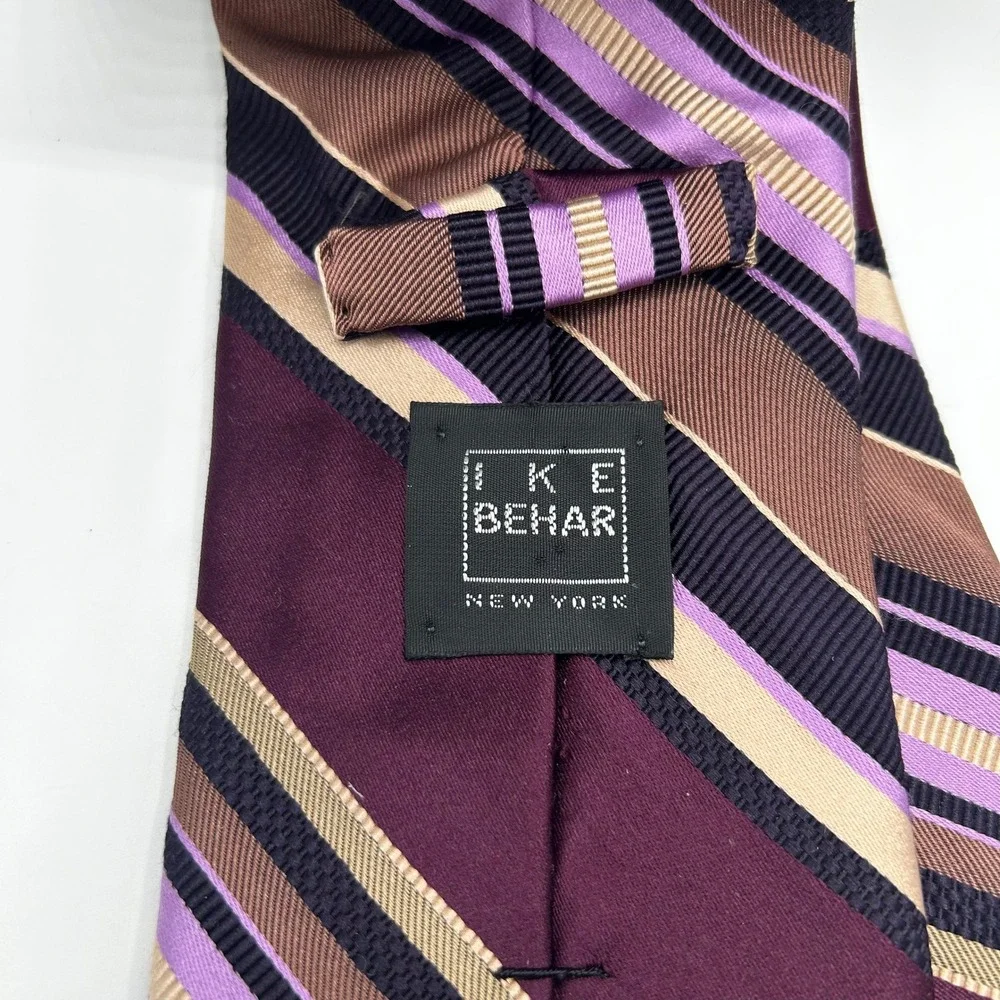 Ike Behar New York Silk‎ Tie Purple Brown Gold Striped Hand Tailored USA Made